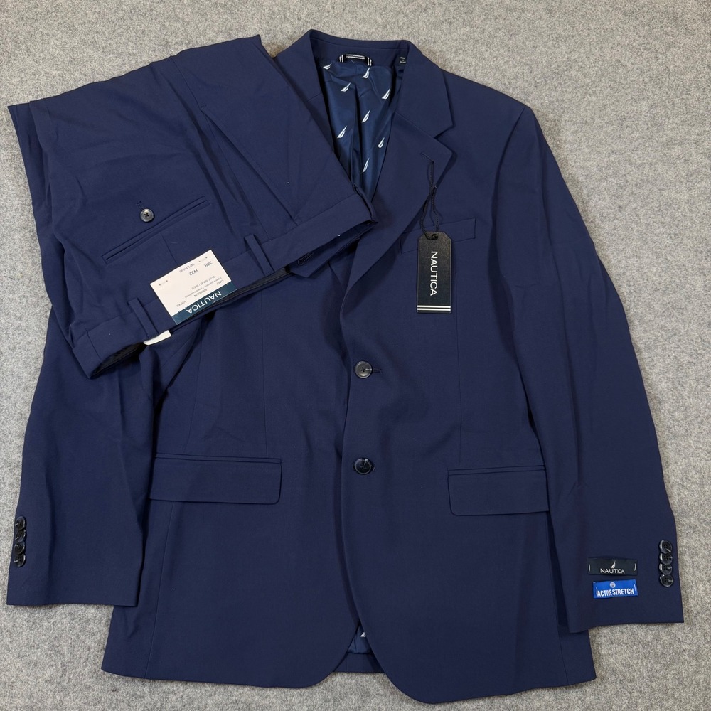 Nautica Gaff Blue Solid 2-Piece Suit Active Stretch 38R W32 NA000274